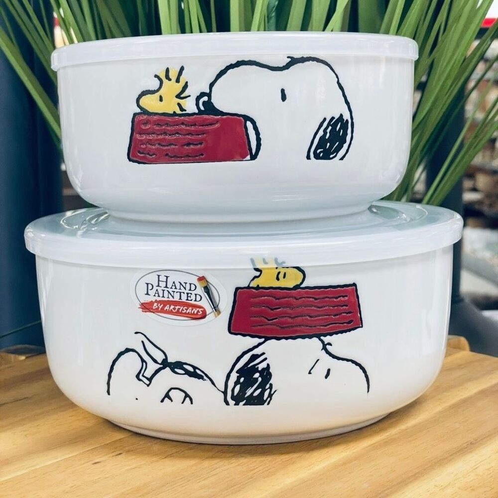 NWT Peanuts Snoopy Woodstock White Red Ceramic 2 Pc Food containers w/ Lids Set - Picture 16 of 16